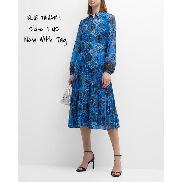 Elie Tahari Pleated Floral-Print Midi Shirtdress Blue Size 4 New With Tag - Picture 1 of 6